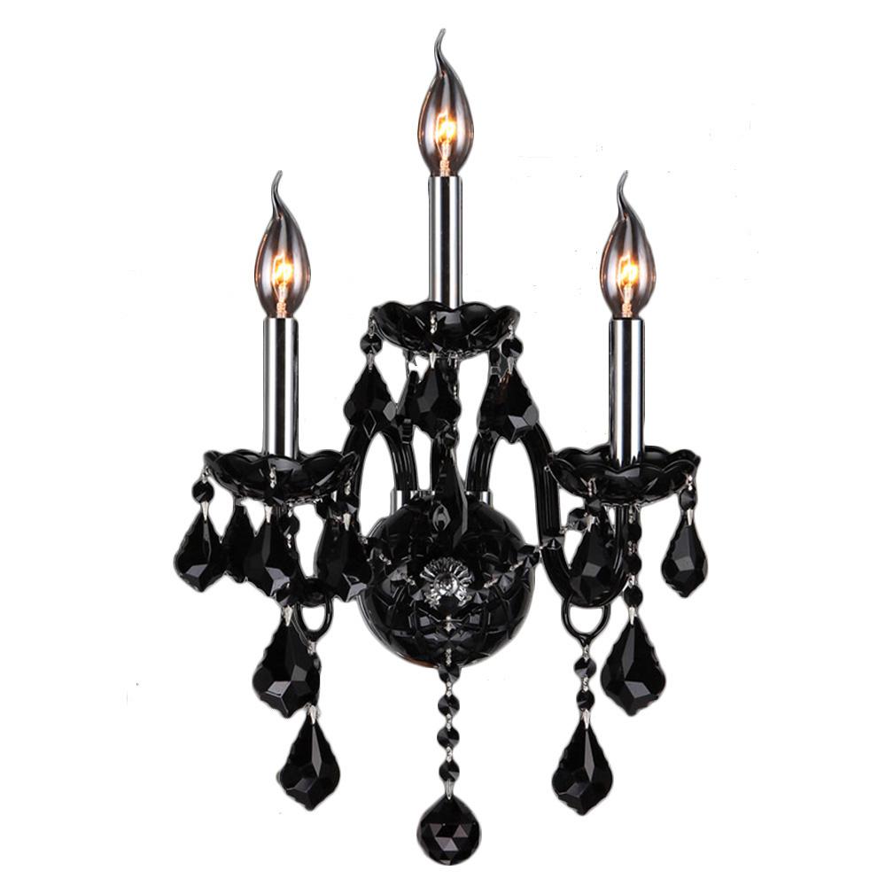 Provence 3-Light Chrome Finish and Black Crystal Candle Wall Sconce Light 13 in. W x 18 in. H Medium